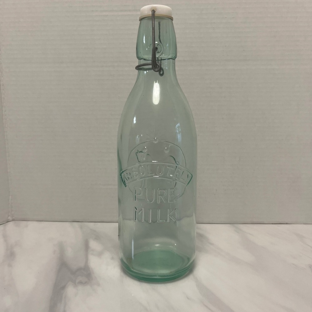 Vintage Absolutely Pure Milk Glass Bottle Green Cow Embossed Made in Italy 11"